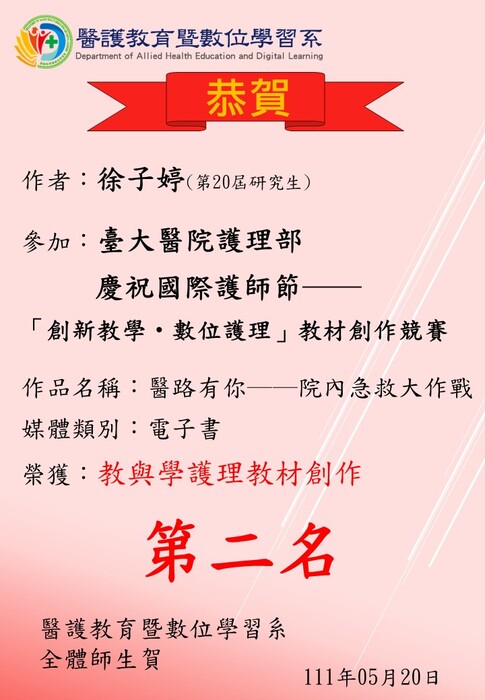 【恭賀】本系研究生徐子婷參加「臺大醫院國際護師節教材創作競賽」獲得教與學護理教材創作第二名圖片